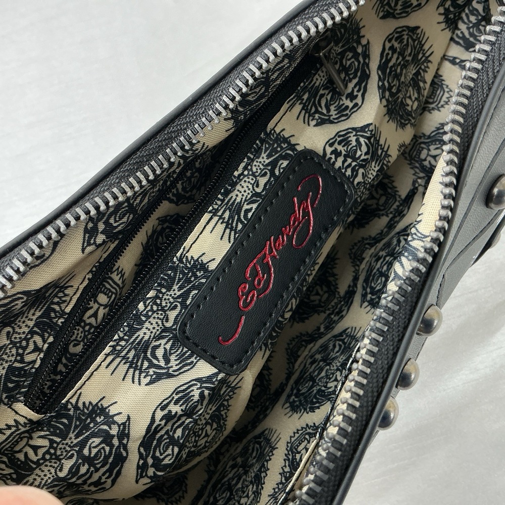 Ed Hardy Studded Tattoo Shoulder Bag Skull Tiger Rose Black Multicolor Goth NWT - Picture 6 of 10